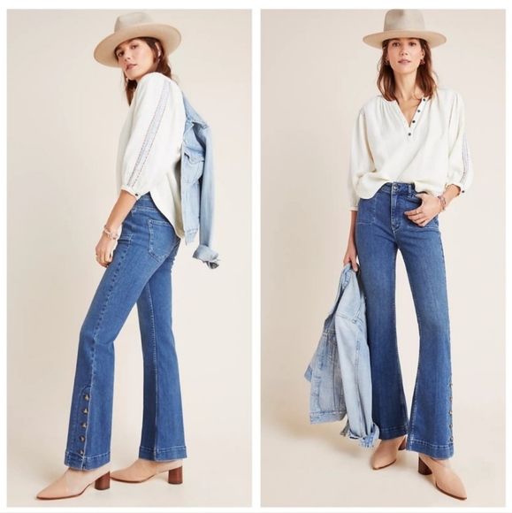 Anthropologie Pilcro Mid / High Rise Boot Cut Buttoned Slit Flare Jeans sz 25 - Picture 3 of 16
